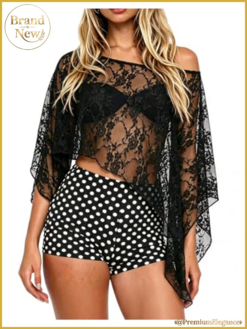 Lace Off Shoulder Sheer Poncho Wrap Asymmetrical Bat Wing Sleeve
